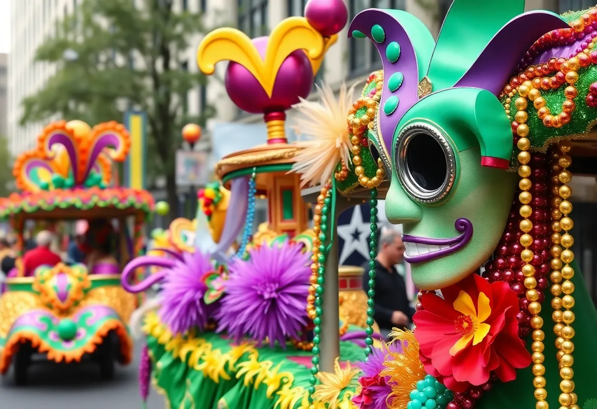 Celebration of Mardi Gras with colorful floats and eco-friendly themes in Shreveport.