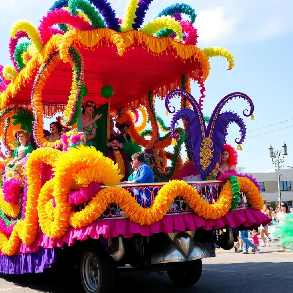 Colorful floats and revelers celebrating Mardi Gras in Shreveport.