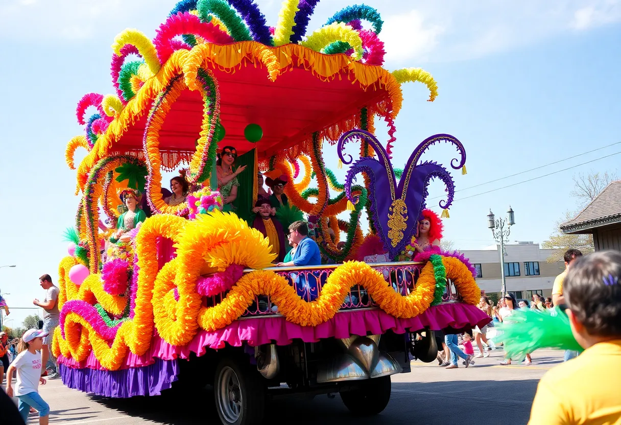 Colorful floats and revelers celebrating Mardi Gras in Shreveport.