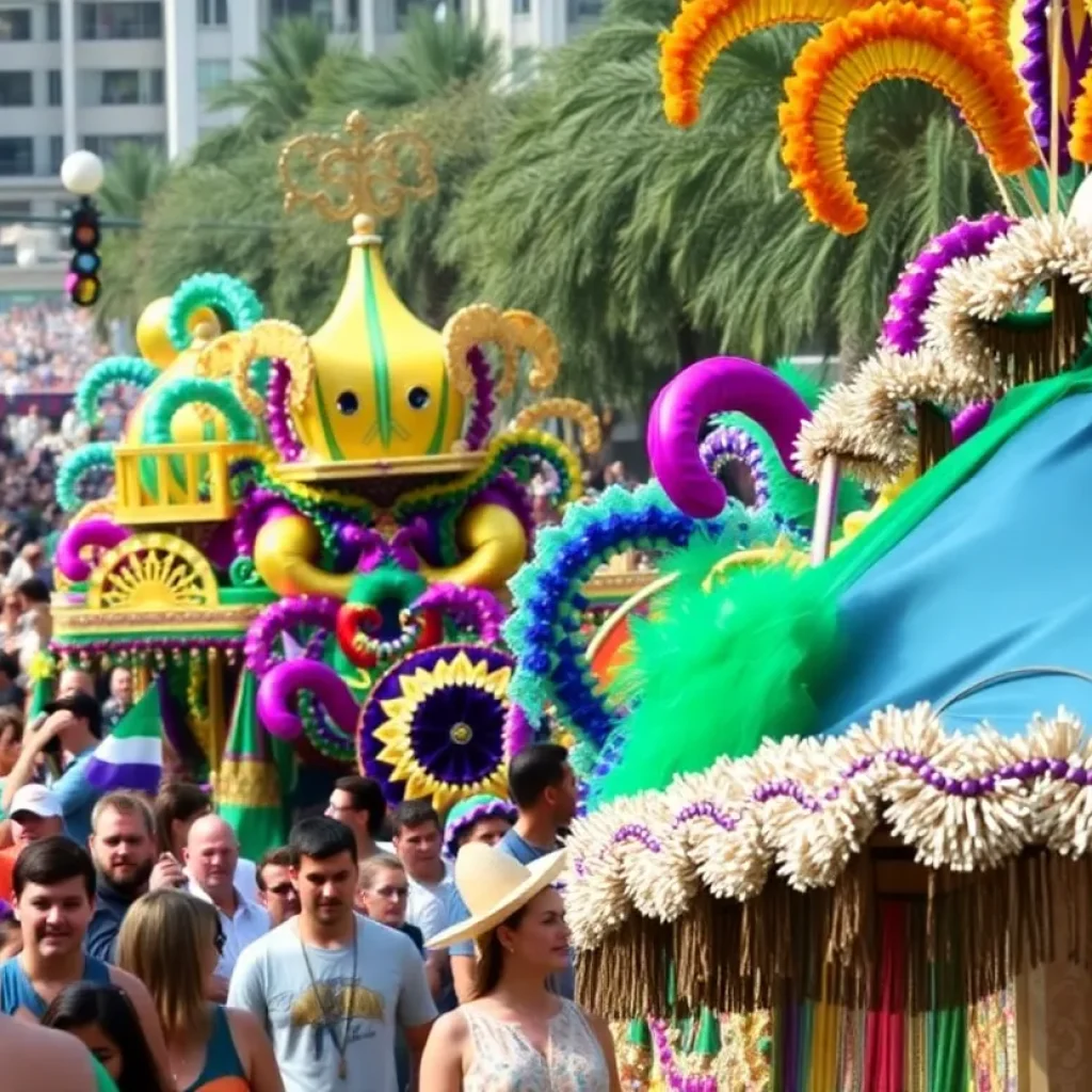 Crowds enjoying the Shreveport-Bossier Mardi Gras parade with colorful floats