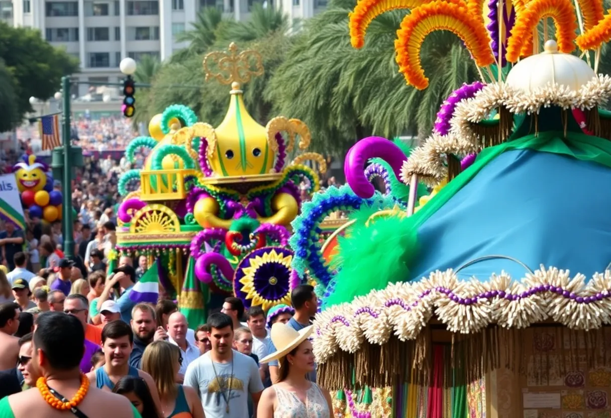 Crowds enjoying the Shreveport-Bossier Mardi Gras parade with colorful floats