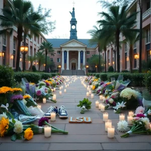 Memorial setup with flowers and candles for Dillon Reidenauer on LSU campus