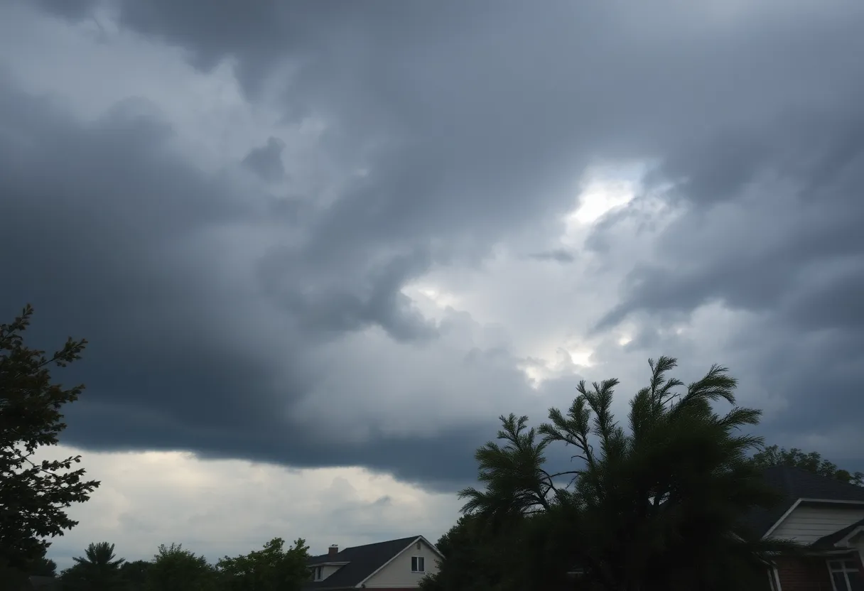 Storm clouds and damaged homes in Shreveport, Louisiana