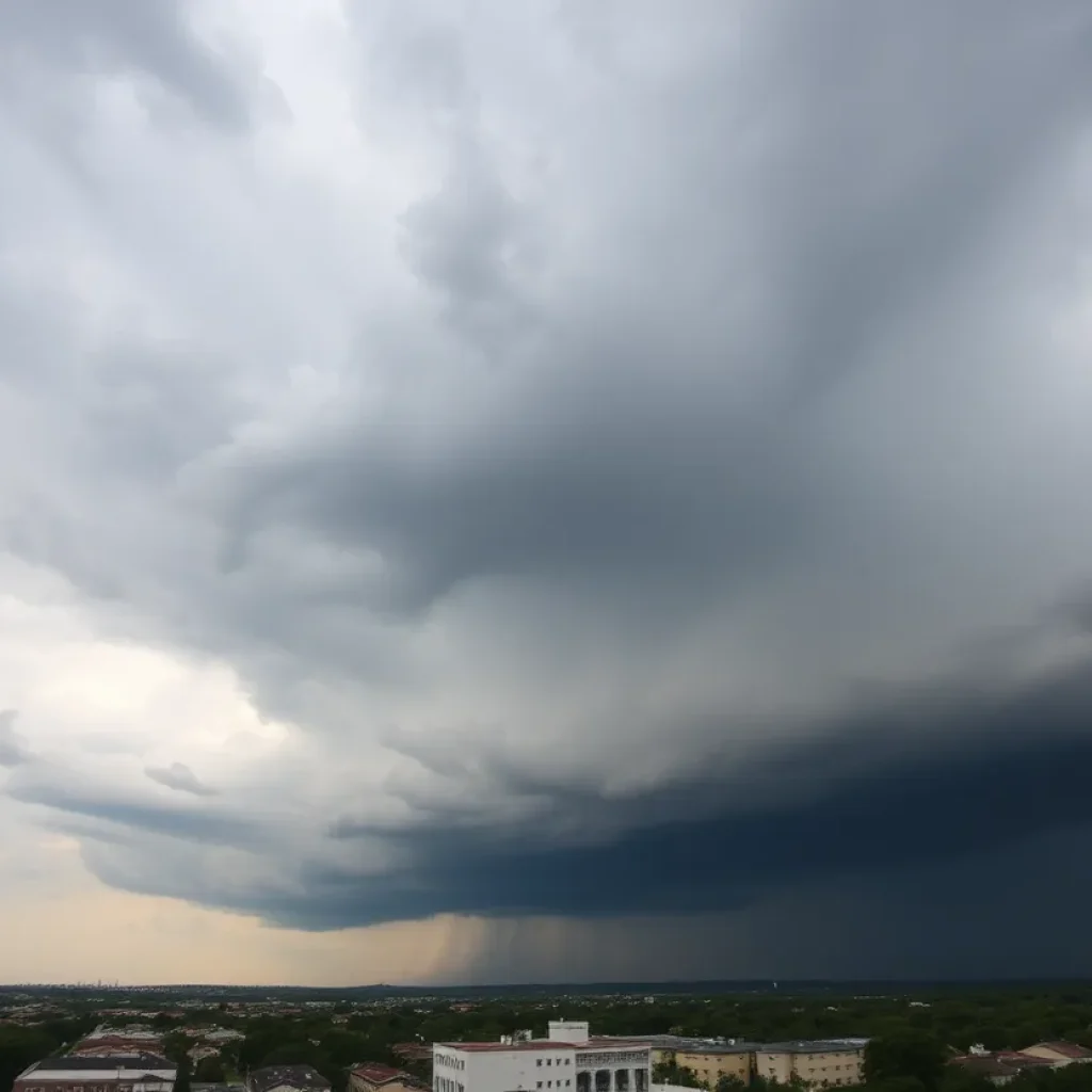 Severe storms causing heavy rainfall and thunderclouds over Louisiana