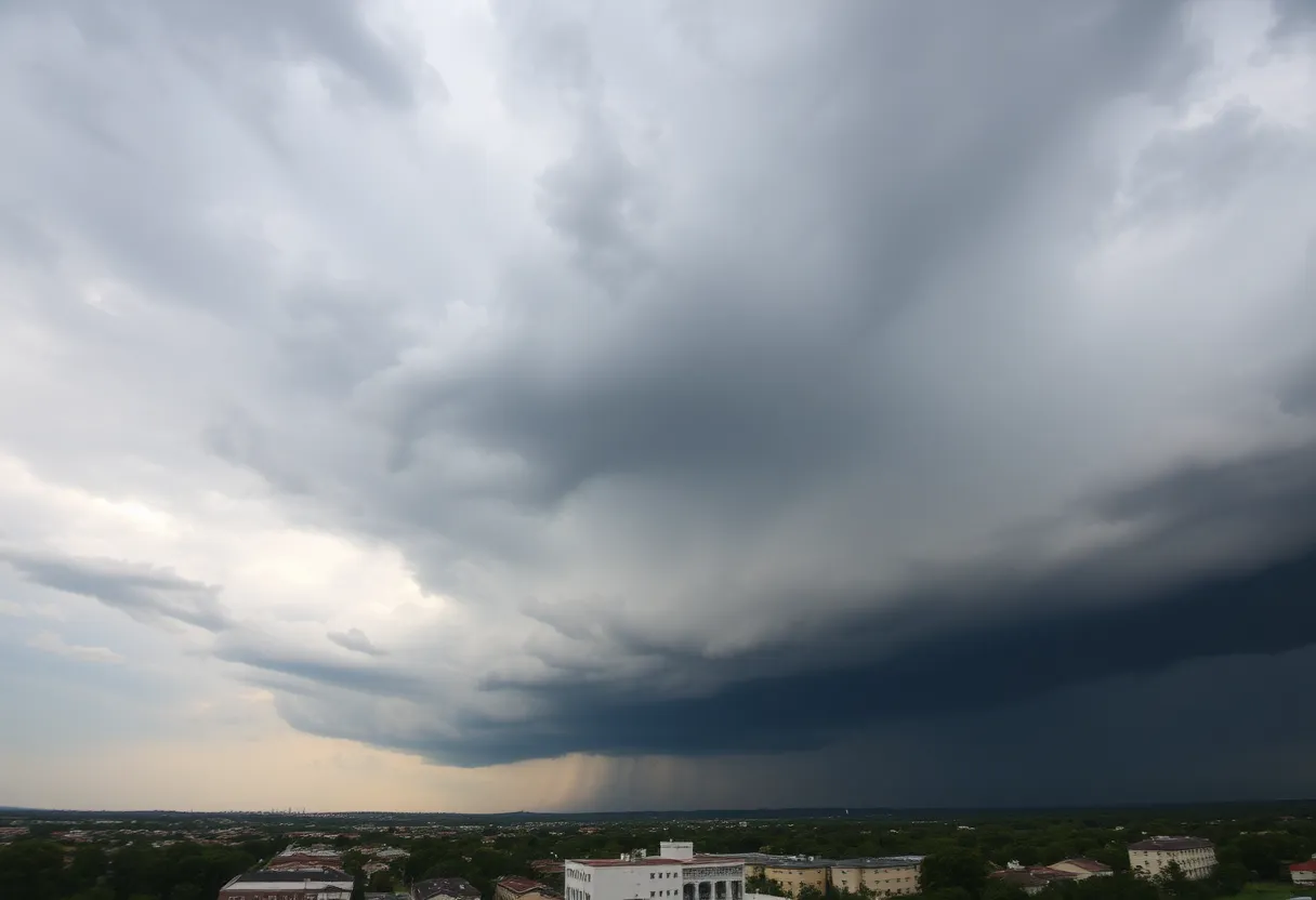 Severe storms causing heavy rainfall and thunderclouds over Louisiana