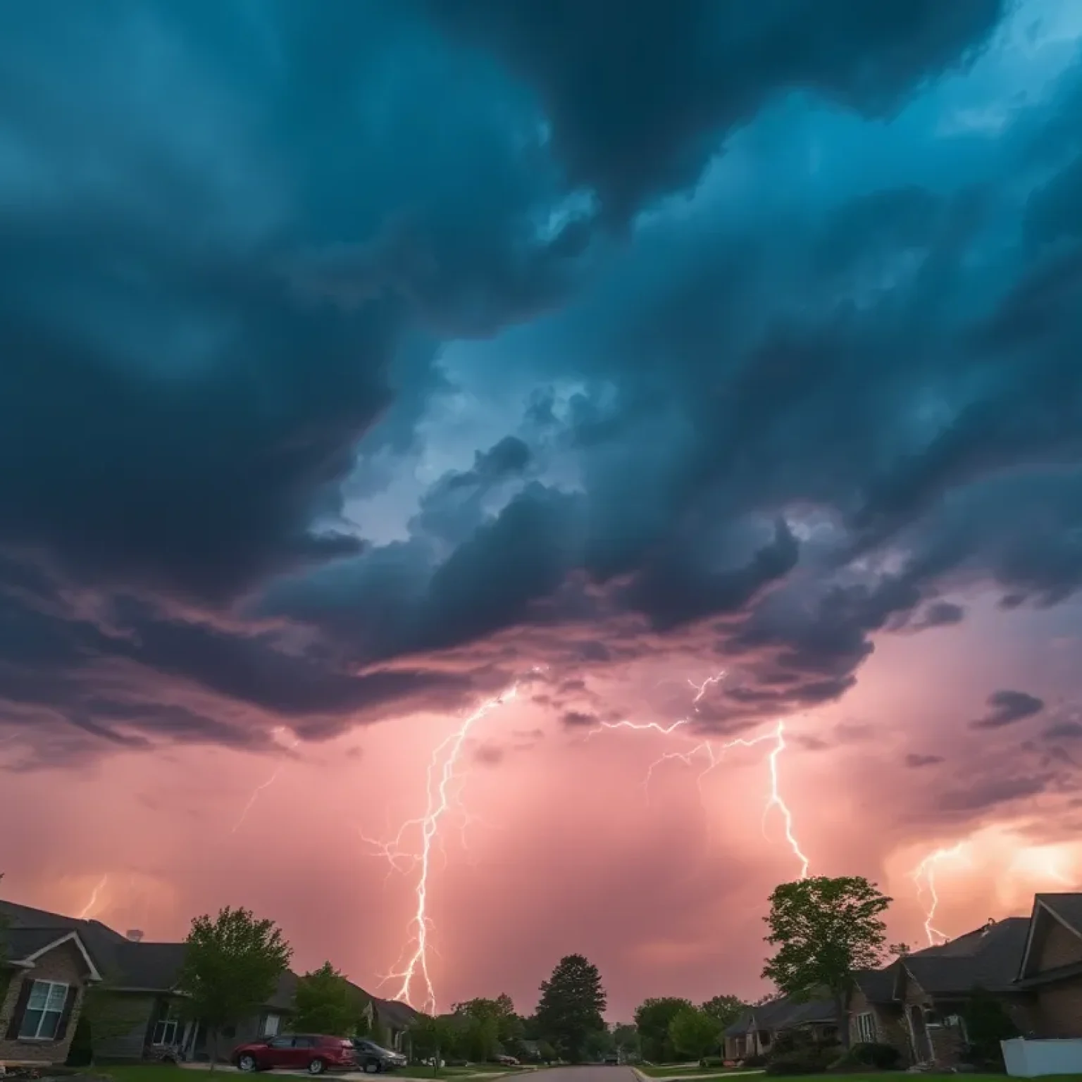 Dark storm clouds over a suburban area in Louisiana