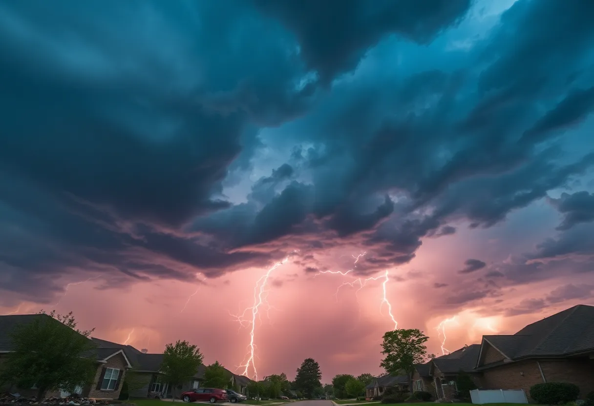 Dark storm clouds over a suburban area in Louisiana