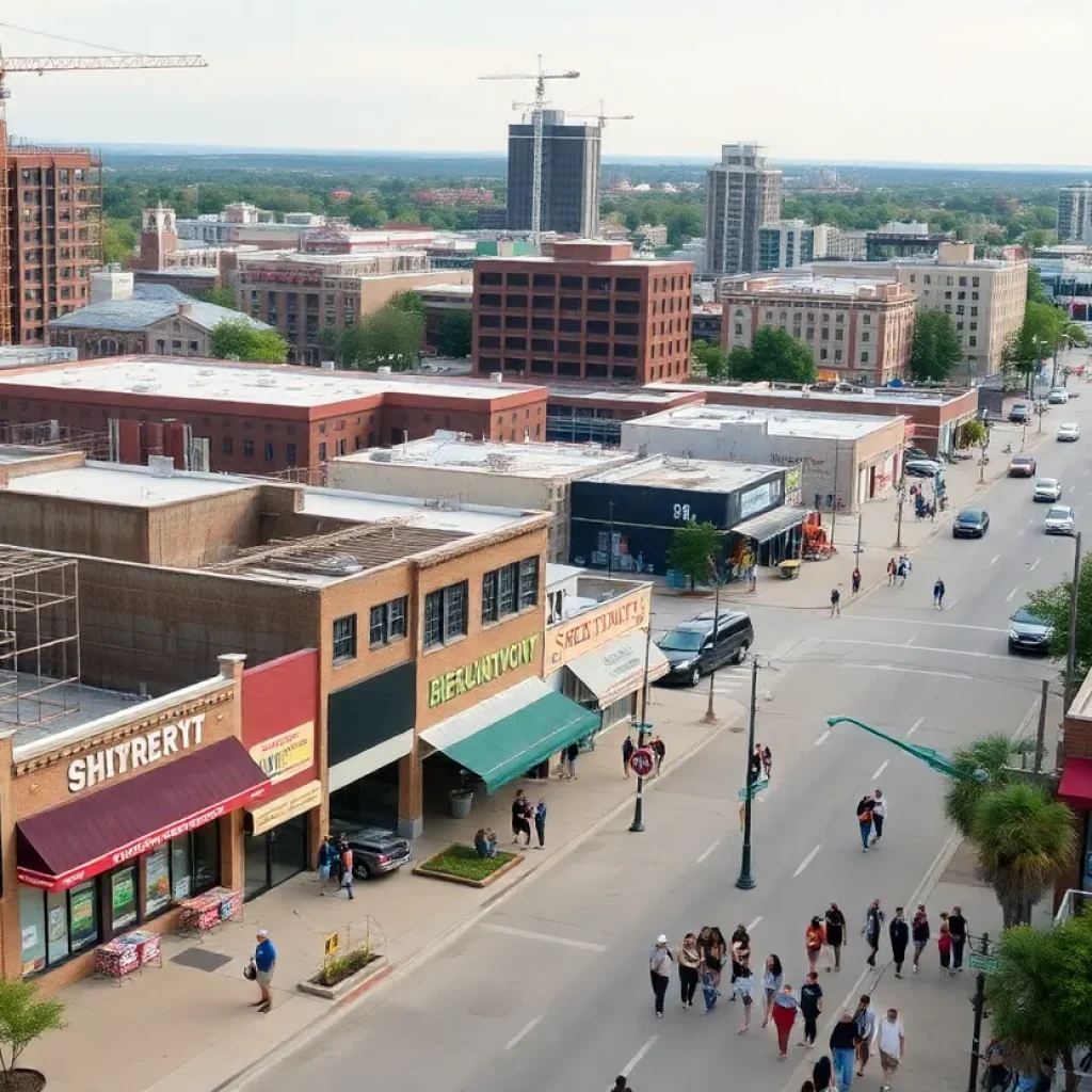 A vibrant view of Shreveport's cityscape with ongoing construction and local businesses.
