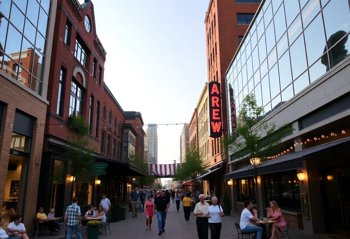 Bustling downtown Shreveport showing modern architecture and lively atmosphere.