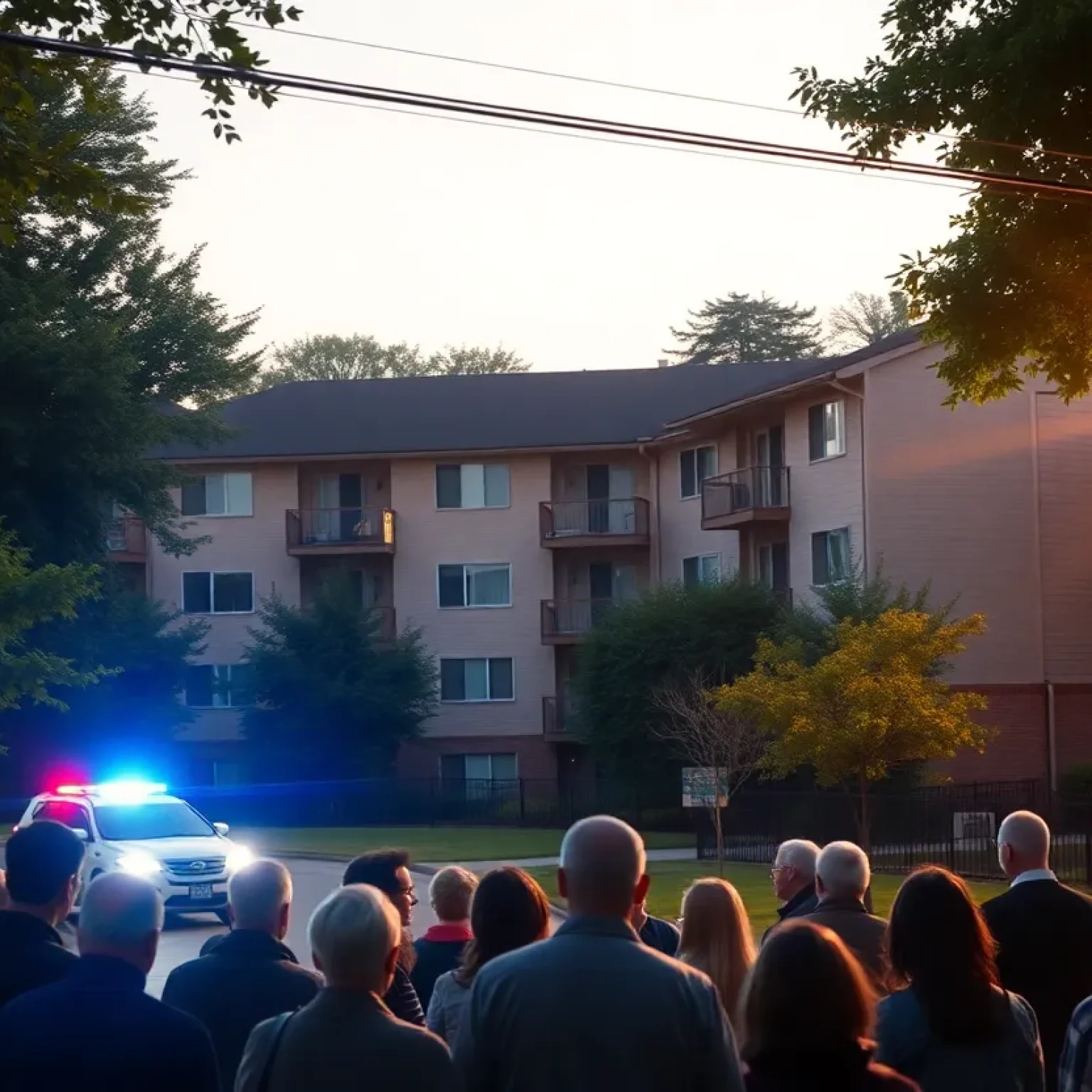 Police lights at an apartment complex in Shreveport after a shooting incident.