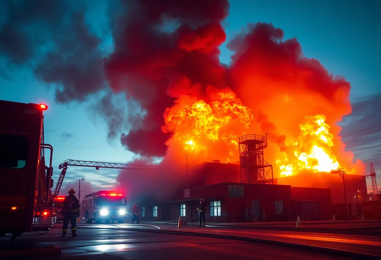 Firefighters battling a huge blaze at an industrial site in Shreveport, Louisiana.