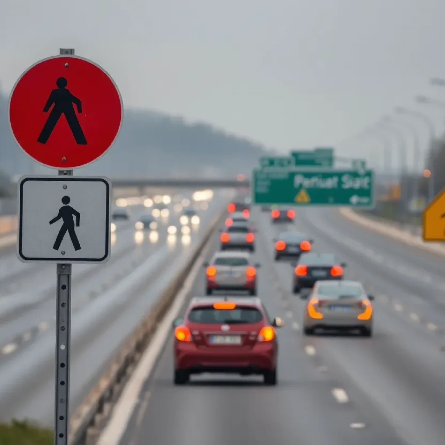 Highway sign indicating pedestrian safety measures on a busy road