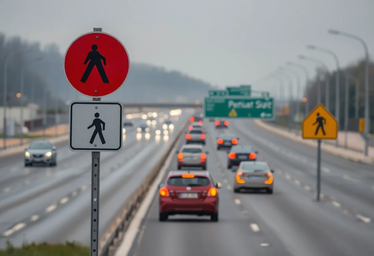 Highway sign indicating pedestrian safety measures on a busy road