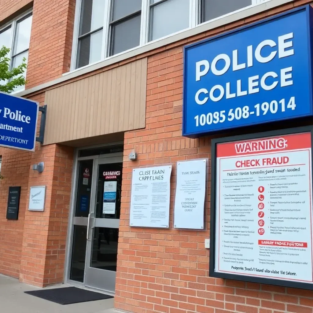 Shreveport Police Department building with warnings about fraud.