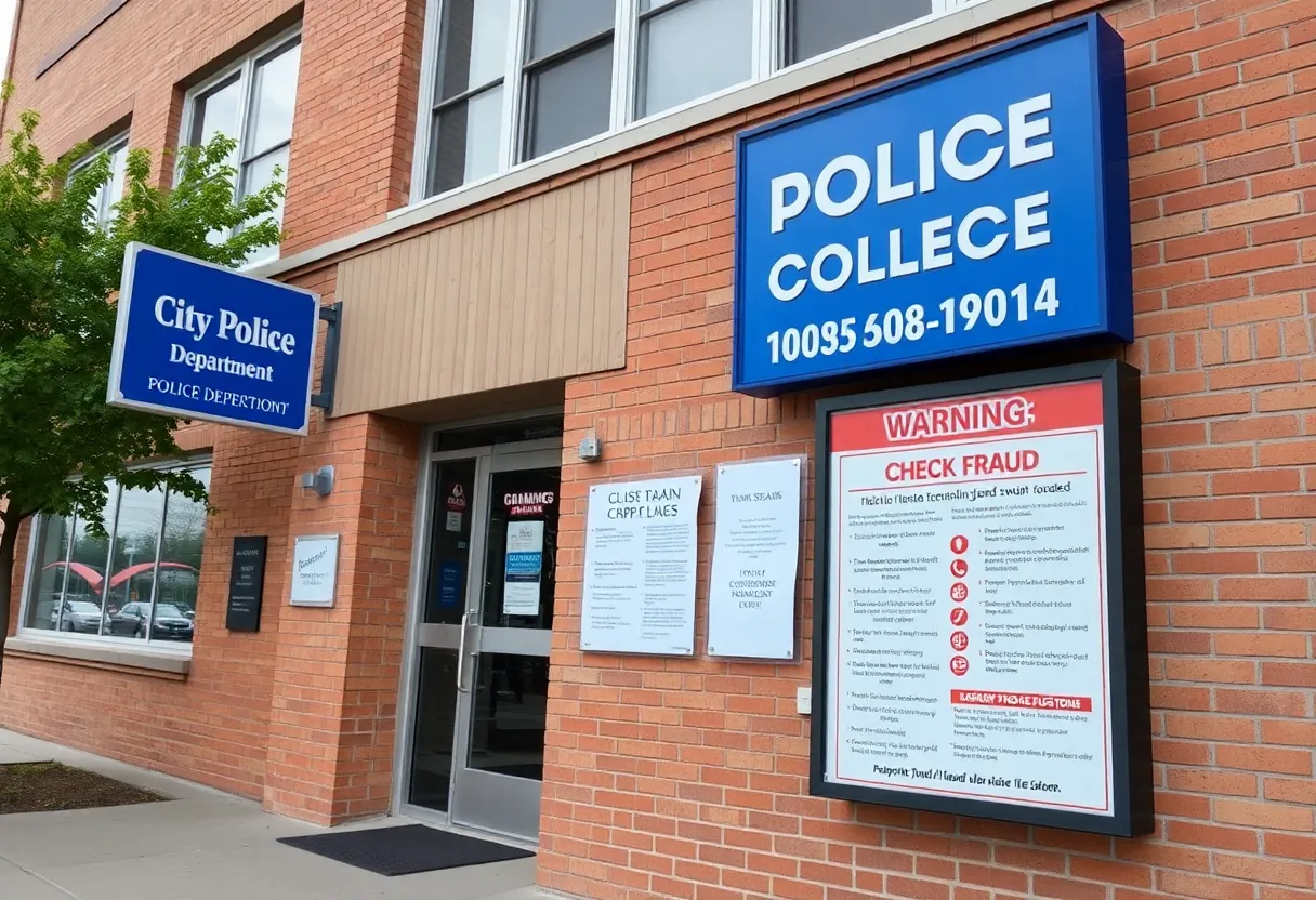 Shreveport Police Department building with warnings about fraud.