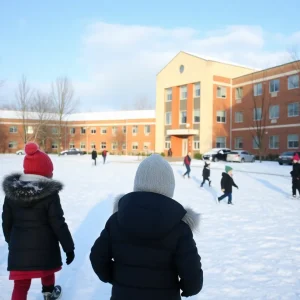 Winter scene at a Shreveport school covered in snow