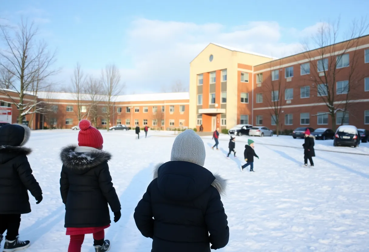 Winter scene at a Shreveport school covered in snow