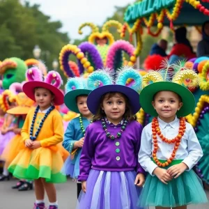 School children celebrating Mardi Gras with colorful costumes and floats.