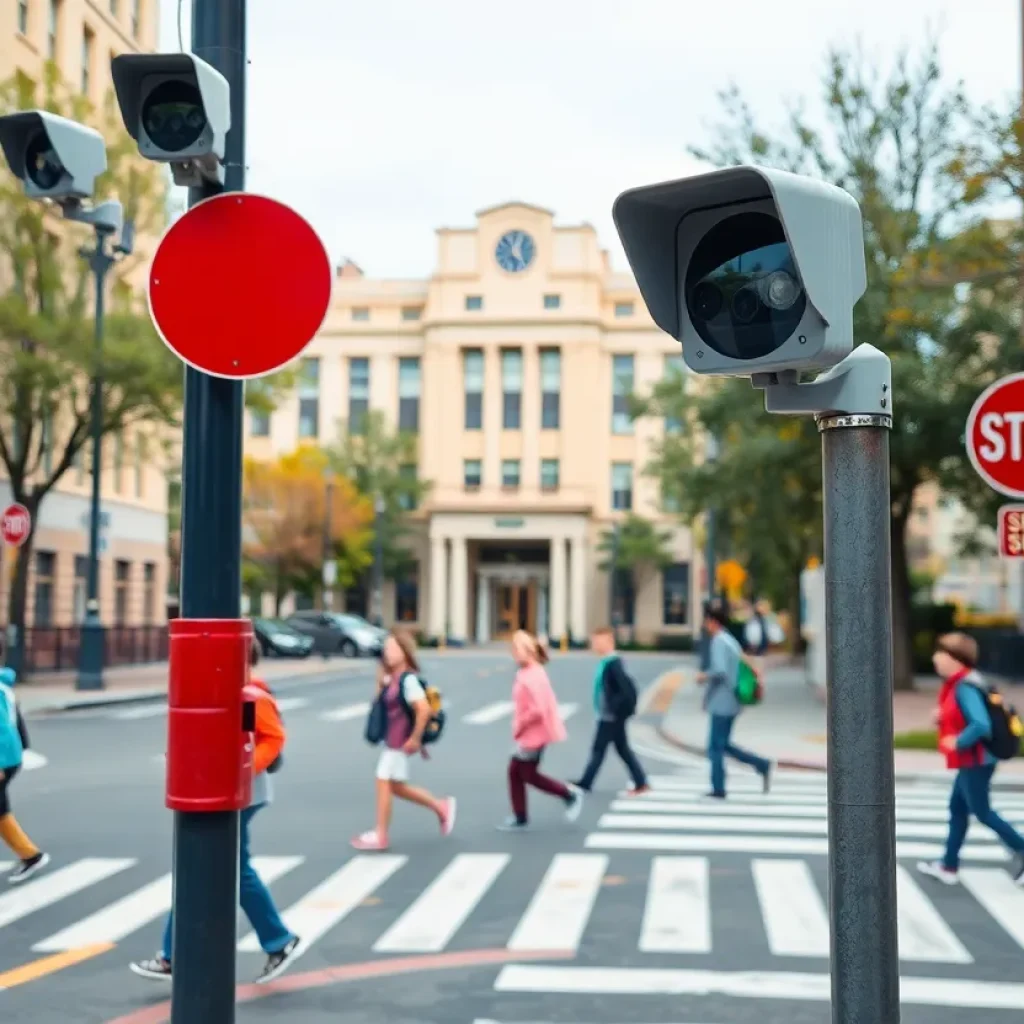 Speed cameras installed in a school zone in Shreveport with children crossing.