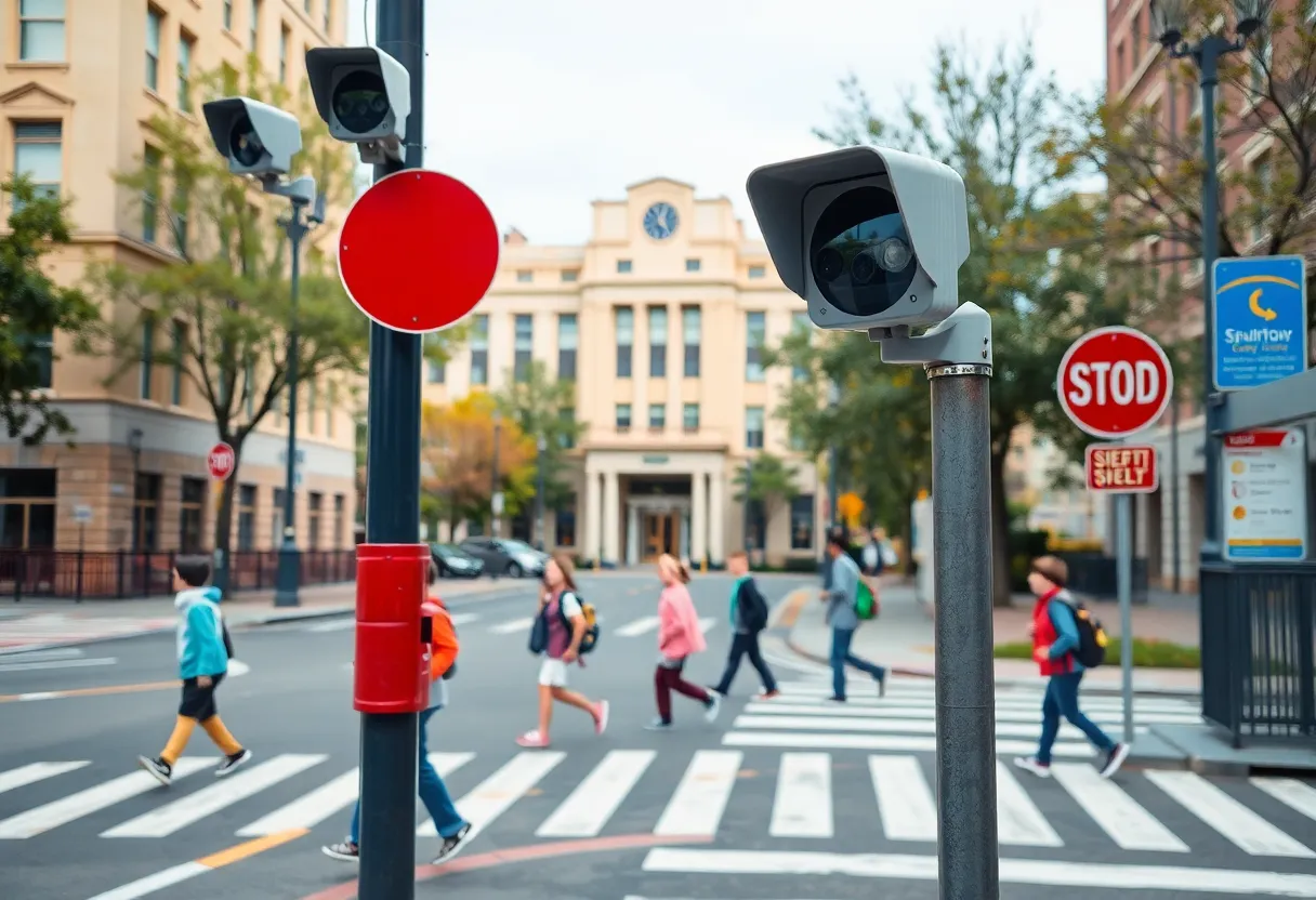 Speed cameras installed in a school zone in Shreveport with children crossing.