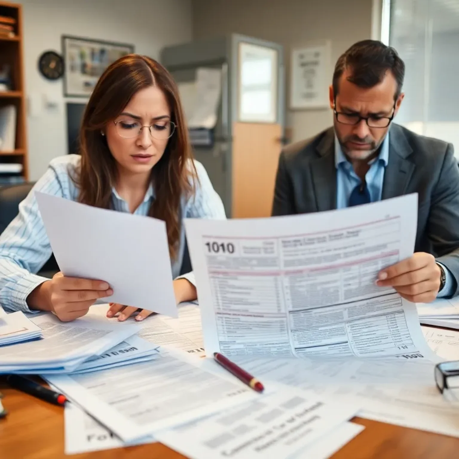 Tax office with documents and client looking concerned about tax fraud