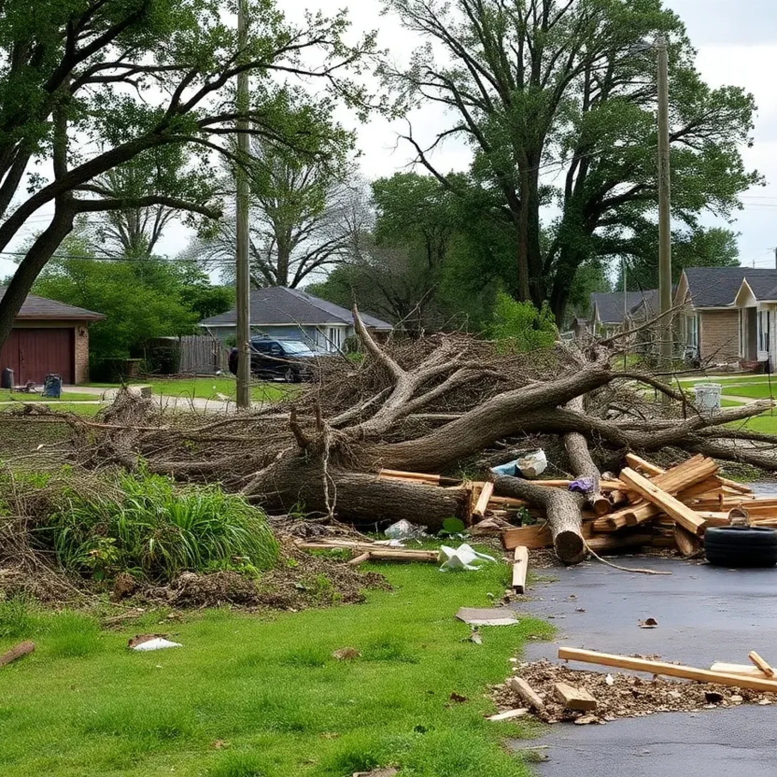 Aftermath of a tornado in Shreveport with uprooted trees and debris.