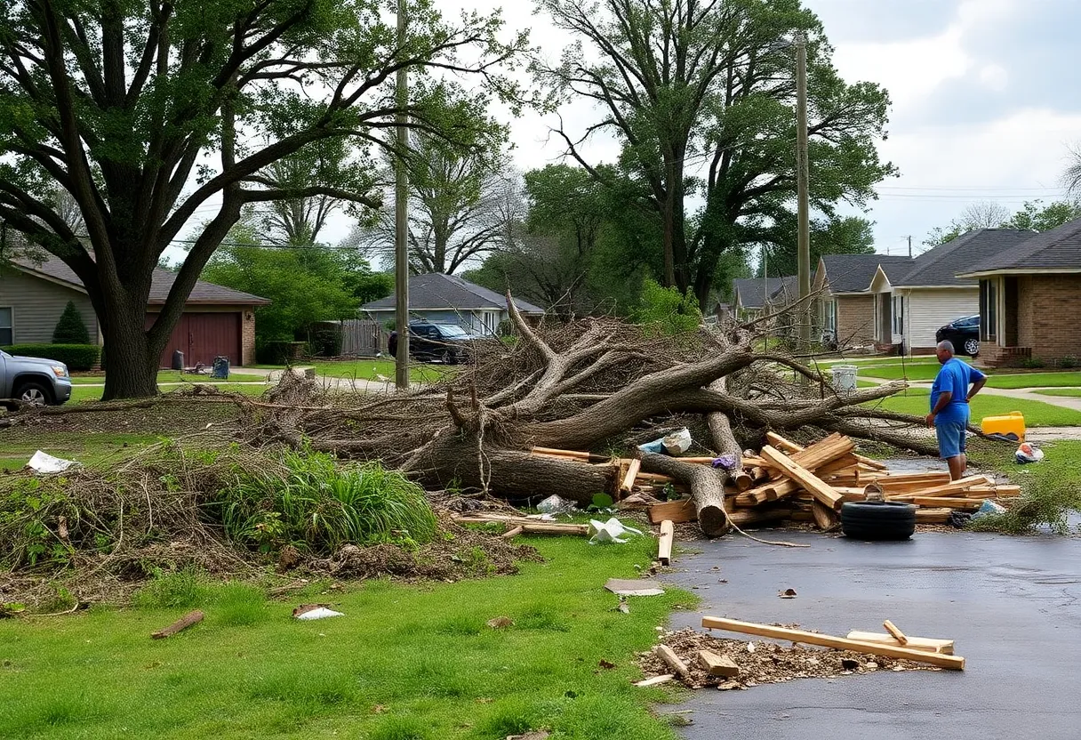 Aftermath of a tornado in Shreveport with uprooted trees and debris.