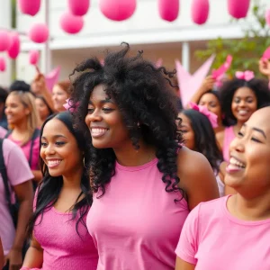 Community members dressed in pink at the Shreveport Women's History Month event