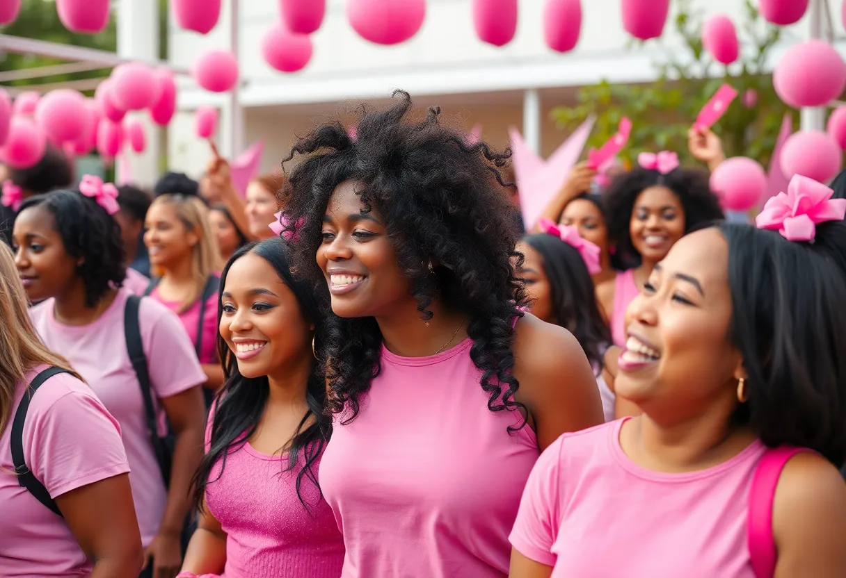 Community members dressed in pink at the Shreveport Women's History Month event