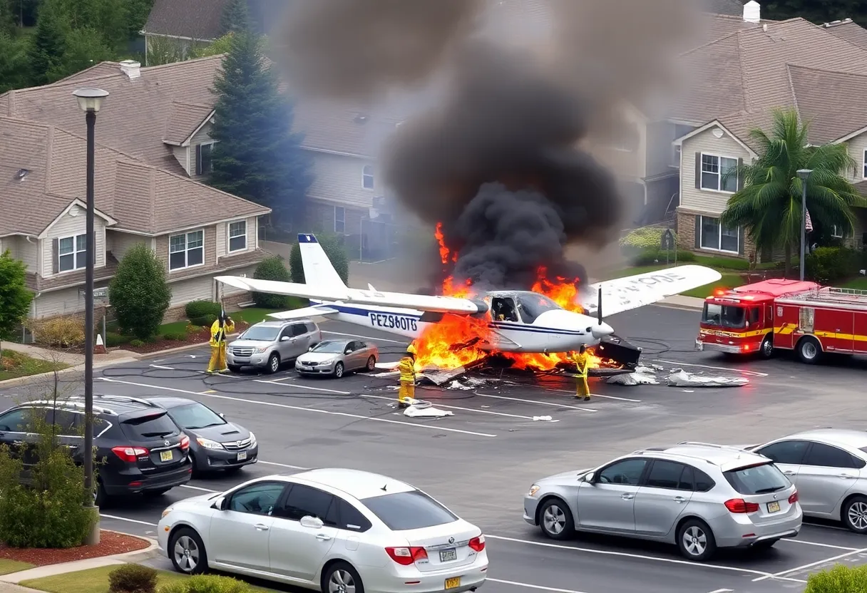 A small plane crash in a retirement community parking lot with emergency responders