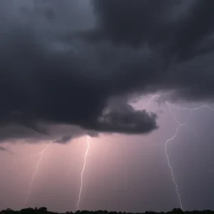 A dramatic stormy sky over Shreveport during severe weather.