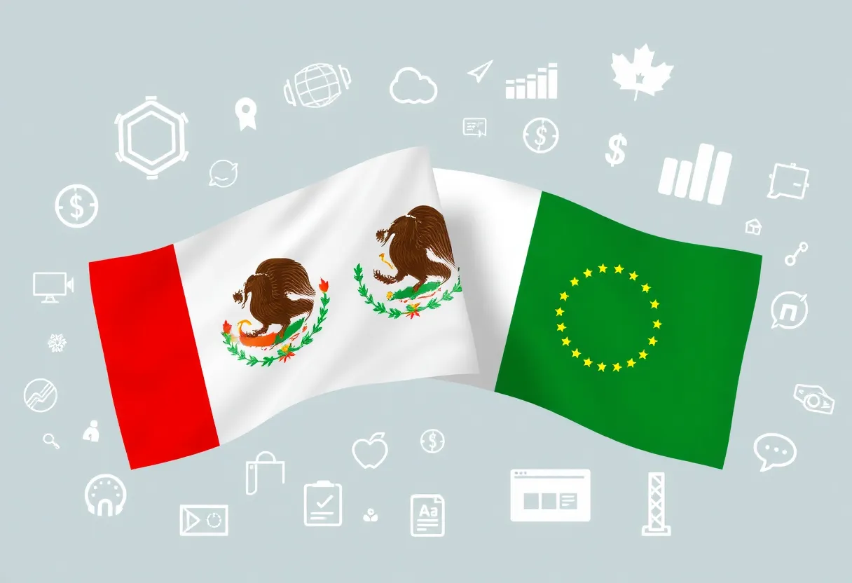 Abstract representation of trade negotiations with flags of Canada and Mexico