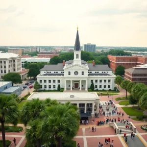 Aerial view of the University of New Orleans campus filled with students and greenery.