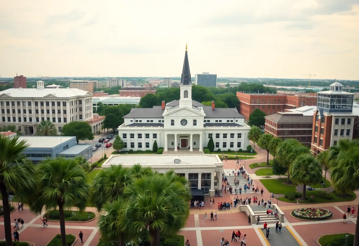 Aerial view of the University of New Orleans campus filled with students and greenery.