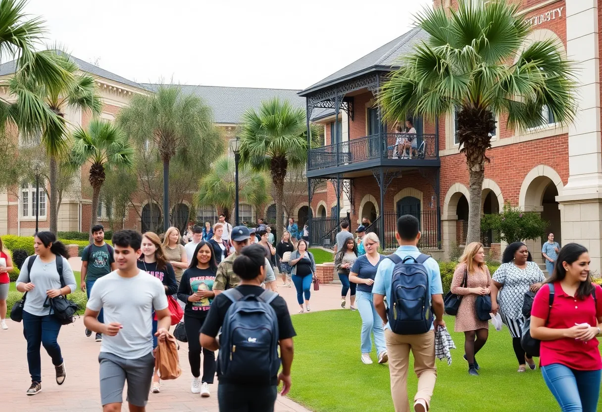 Students at the University of New Orleans campus showcasing diversity and collaboration.