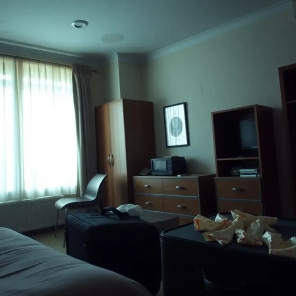 Neglected hotel room with scattered belongings.