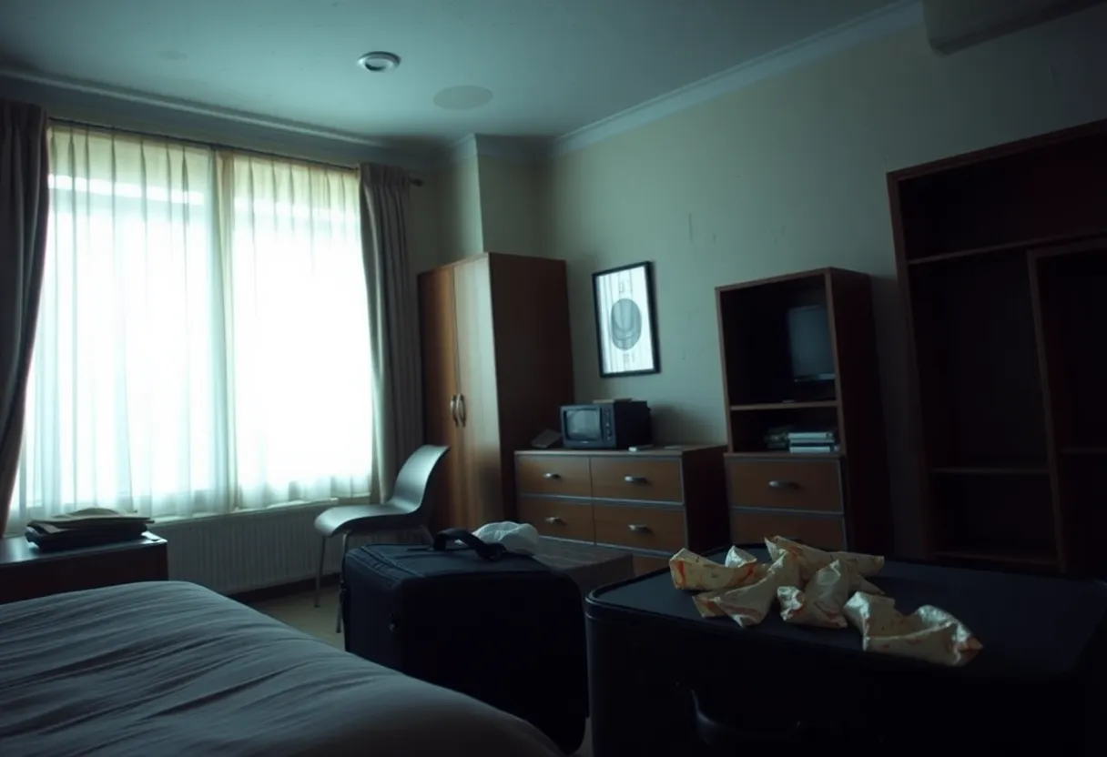 Neglected hotel room with scattered belongings.