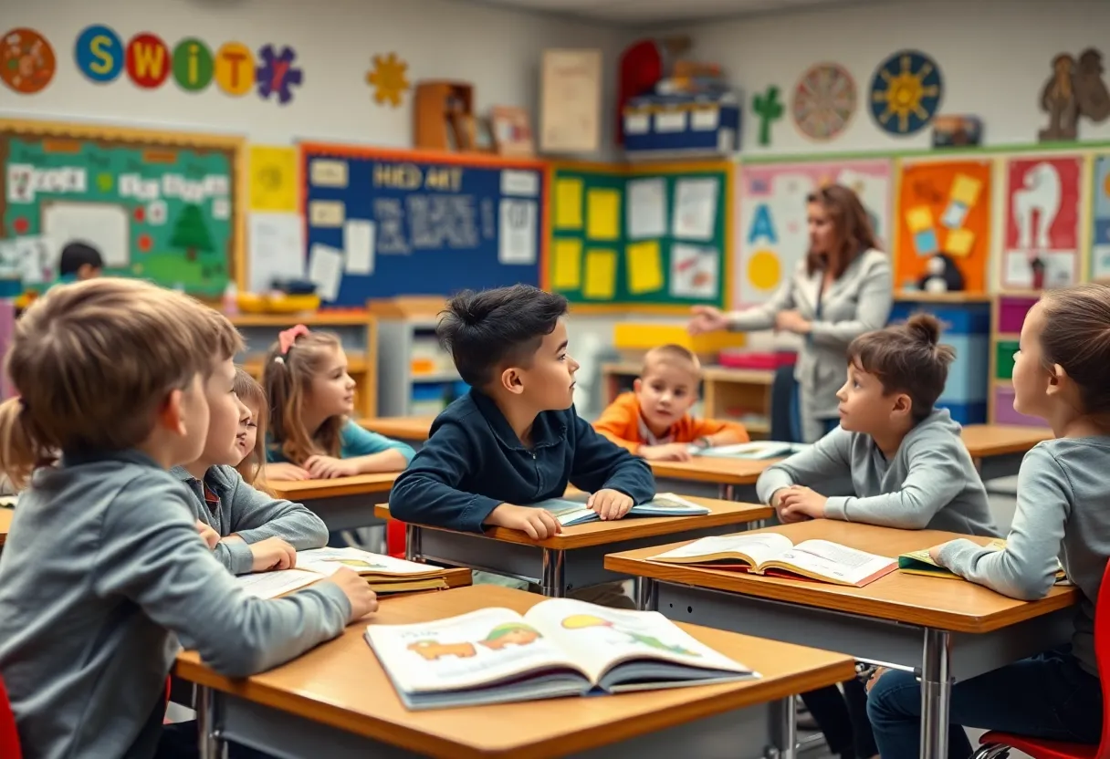 Students in an elementary school classroom engaged in learning activities.