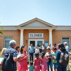 A school building with a closed sign and families discussing