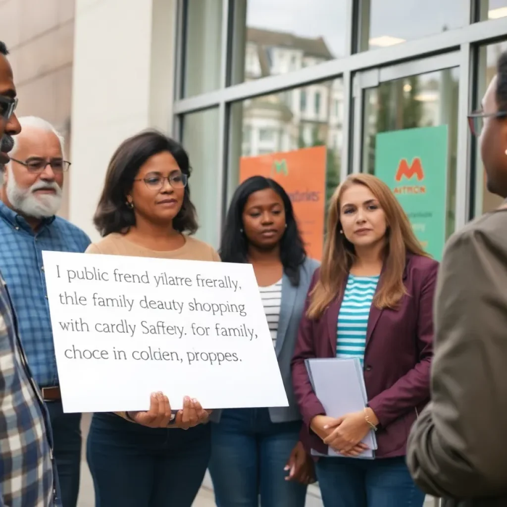Community members discussing safety outside a store