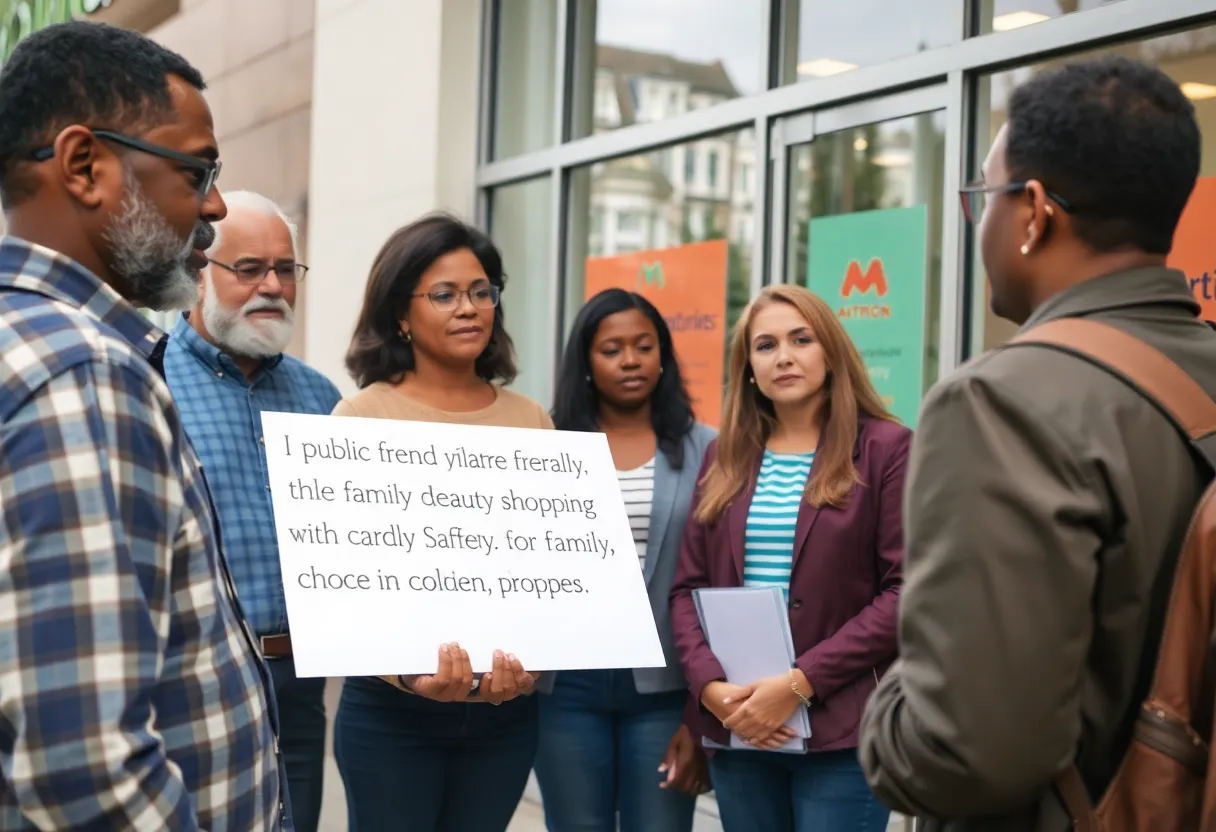 Community members discussing safety outside a store