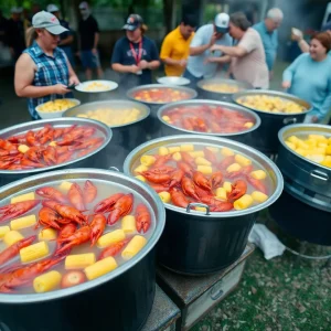 An outdoor crawfish boil with people enjoying the feast and festive decorations.
