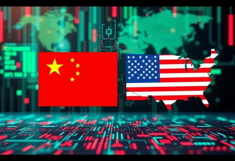 Abstract digital art depicting cybersecurity tensions between China and the U.S.