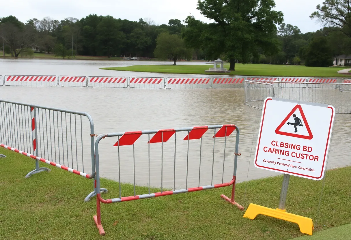 Flooded park area in Caddo Parish with barricades