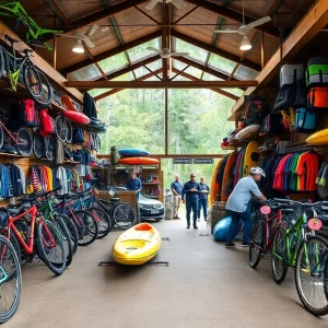 Flugers Outdoors store showcasing bicycles and kayaks