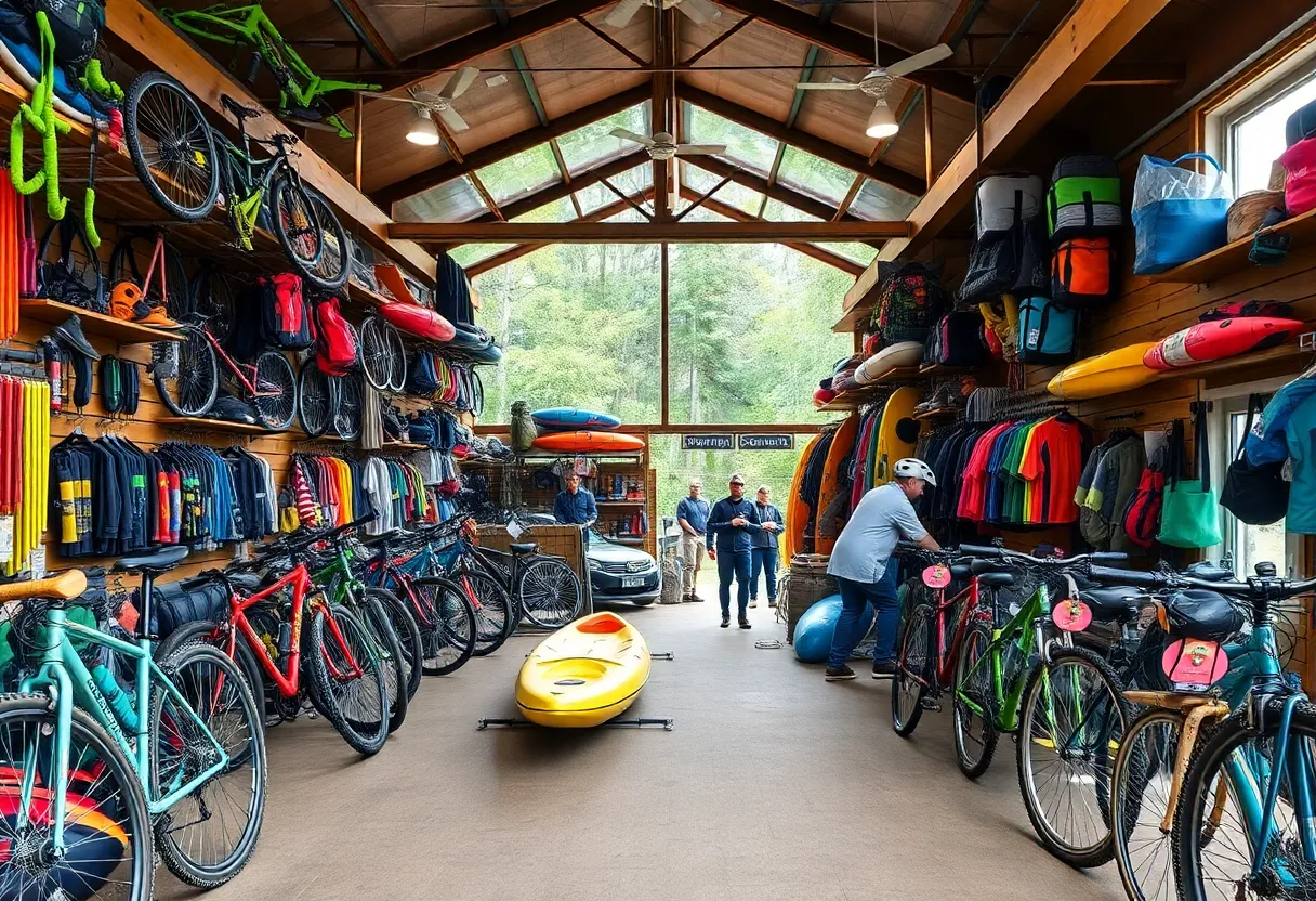 Flugers Outdoors store showcasing bicycles and kayaks