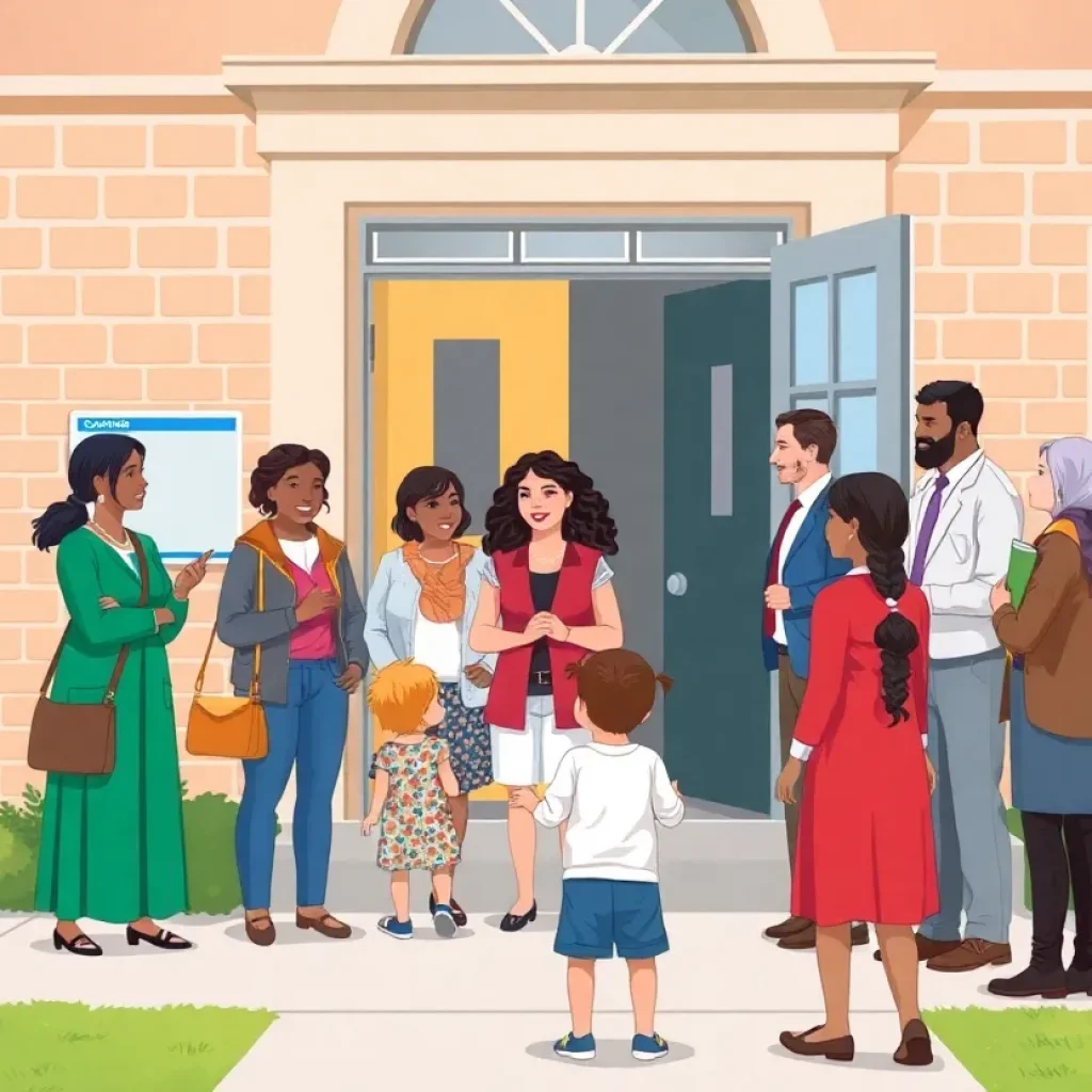 Teachers and parents discussing outside Linwood Public Charter School