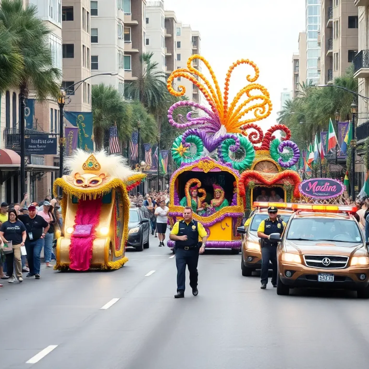 Vibrant Mardi Gras scene in Shreveport with police presence.