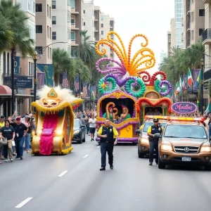 Vibrant Mardi Gras scene in Shreveport with police presence.