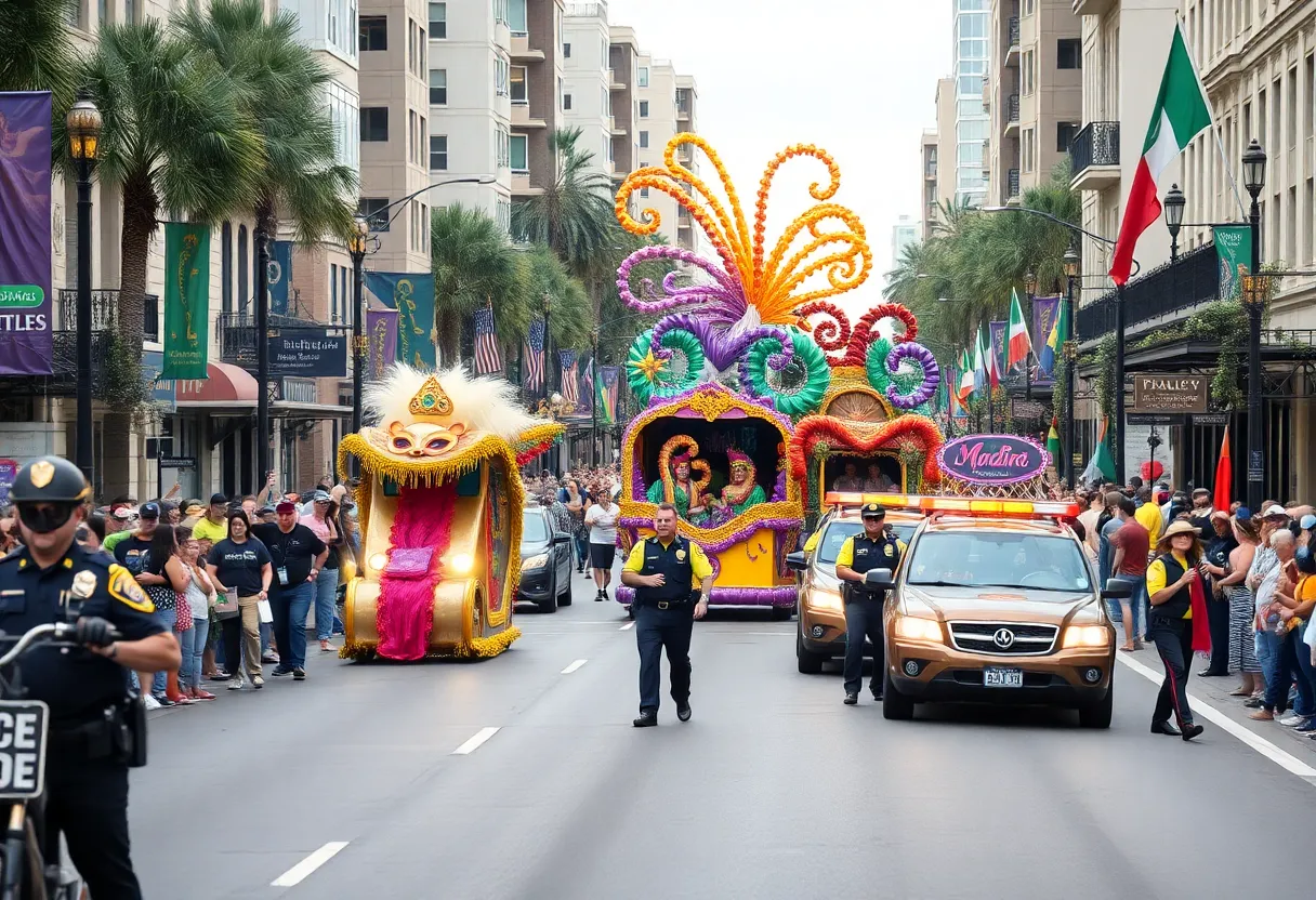 Vibrant Mardi Gras scene in Shreveport with police presence.